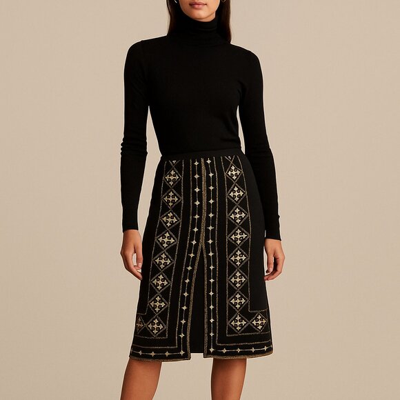 Kasper Dresses & Skirts - Vintage Kasper Black Gold Embellished A-Line Skirt Boho Embroidered Glam Holiday